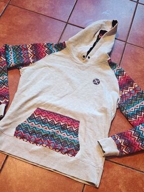 Hooey Gray Hooded Sweatshirt with Multicolor Aztec Sleeves